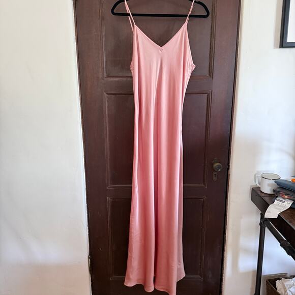 Soft Pink 100% Silk V Neck V Back Bias Cut Maxi Slip Dress Chemise Nightgown XL - Picture 2 of 9